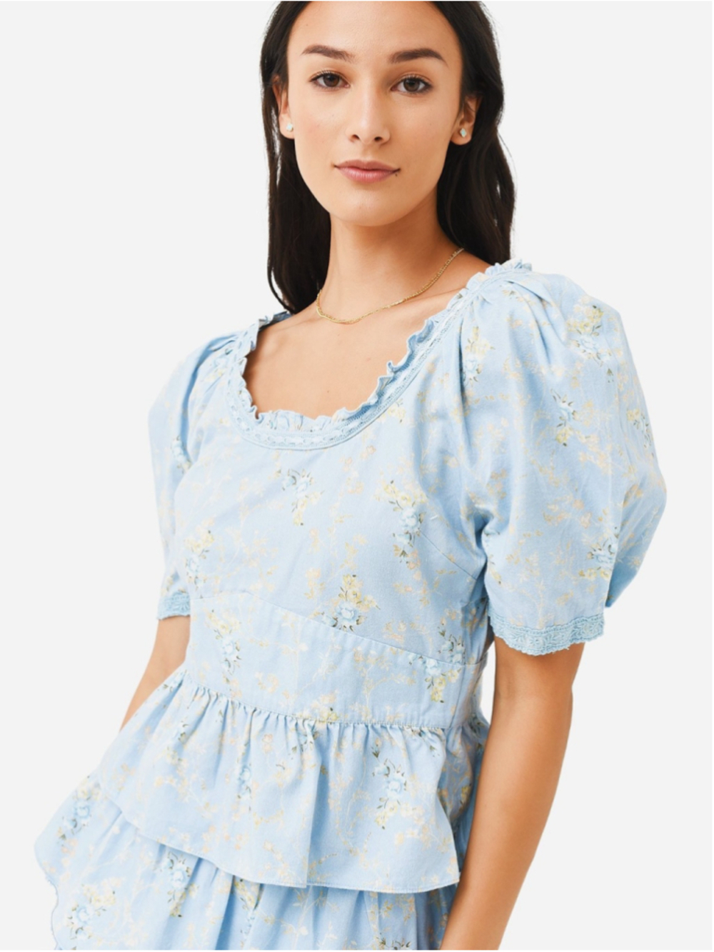 LoveShackFancy Tayshia Blouse Peplum Top Blue Floral Sz L Feminine Garden Party